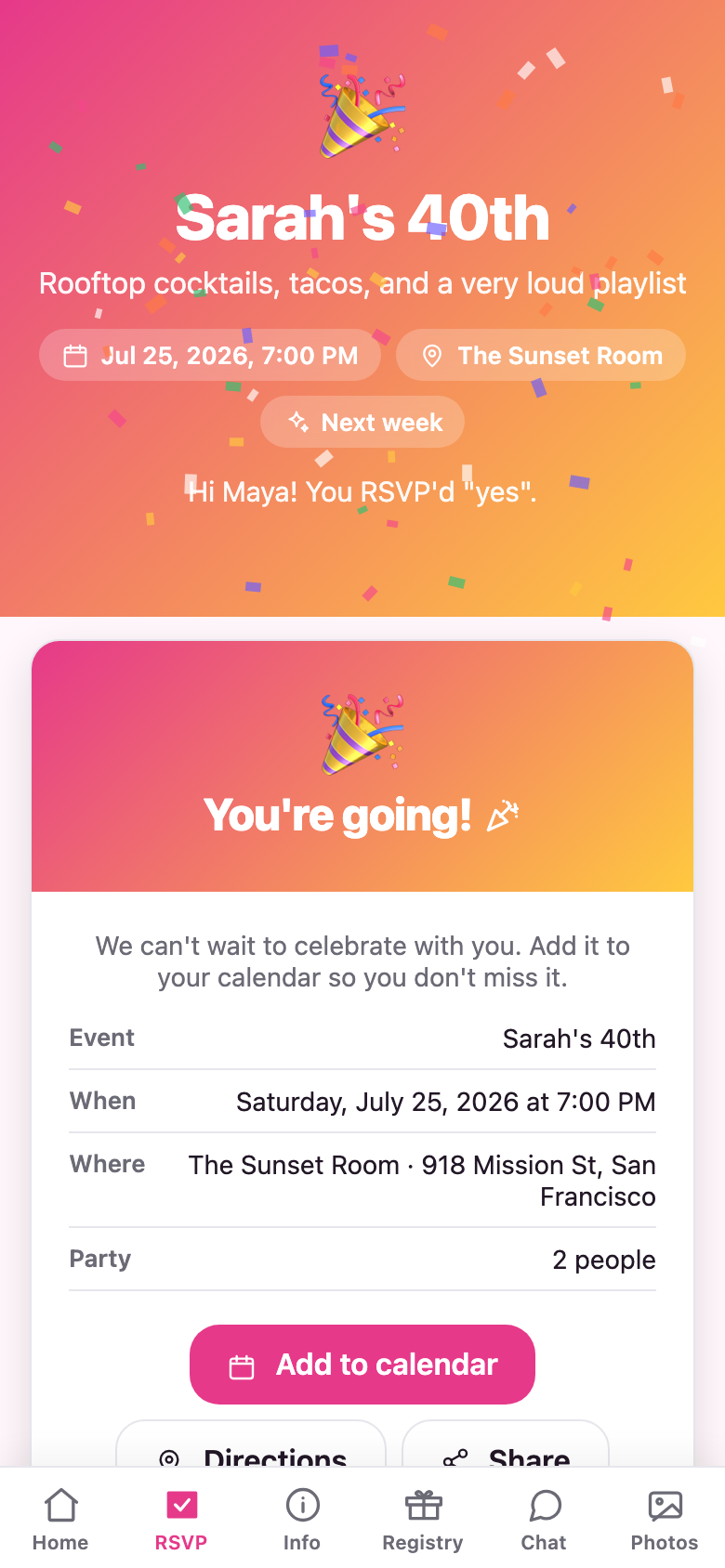 RSVP in two taps — plus-ones and meal picks included.