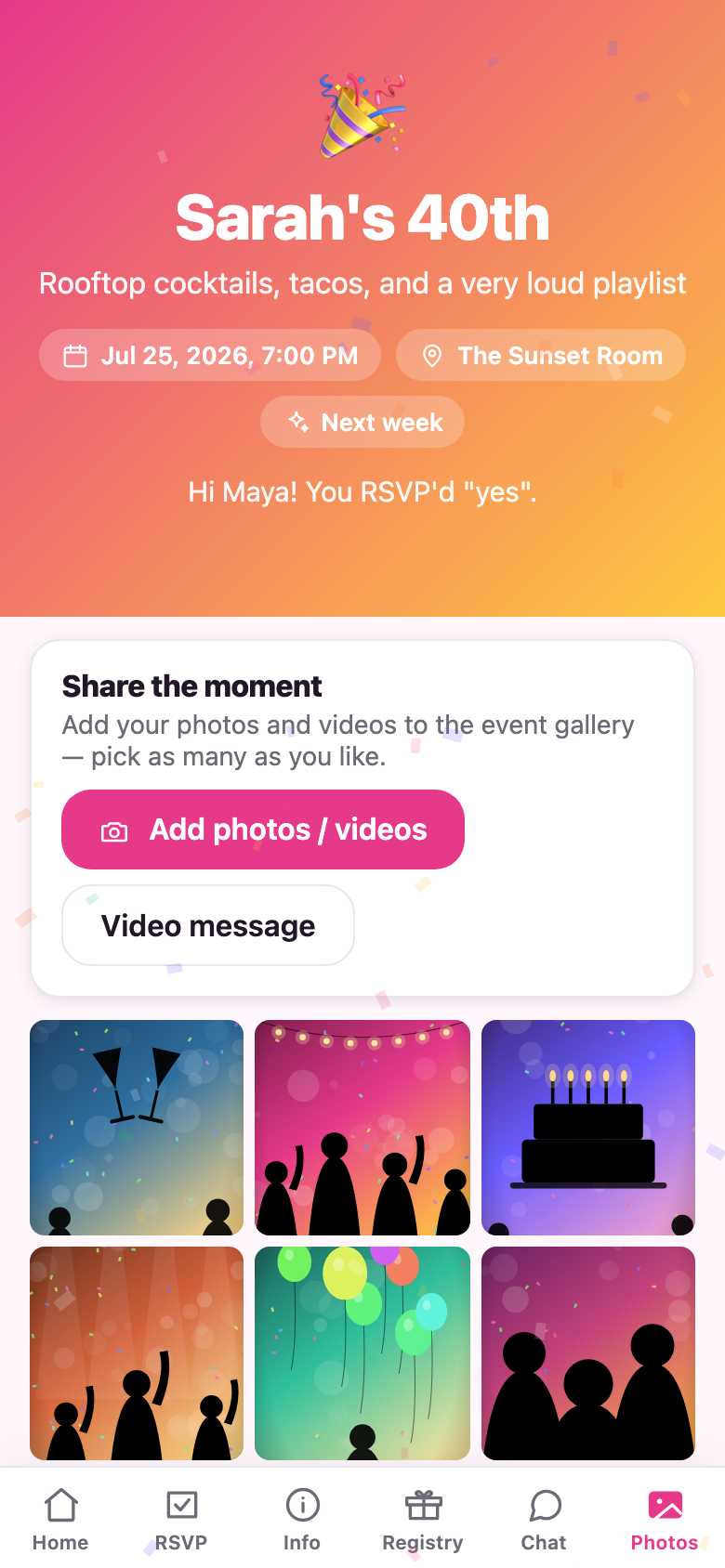 Every guest's photos and videos, collected in one gallery.
